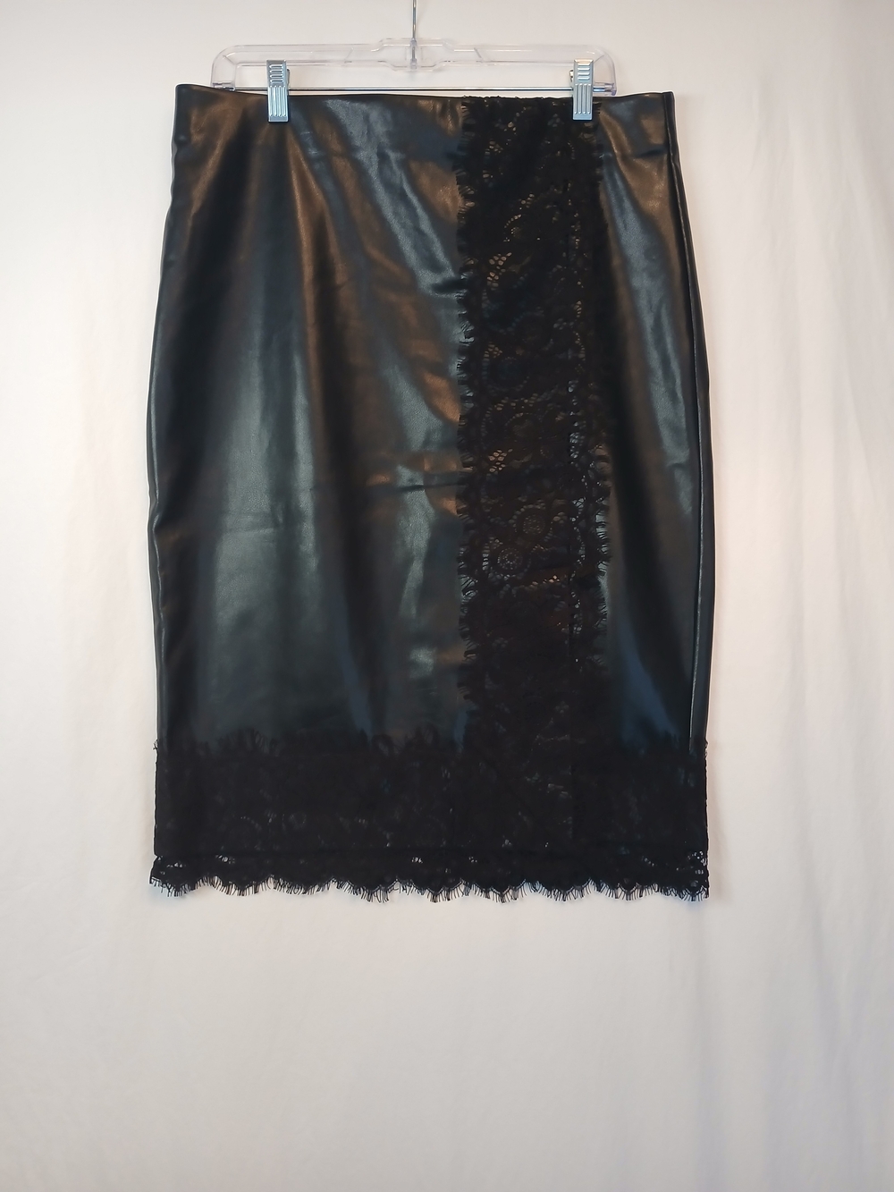 Black Faux Leather Lace Trim Pencil Skirt L